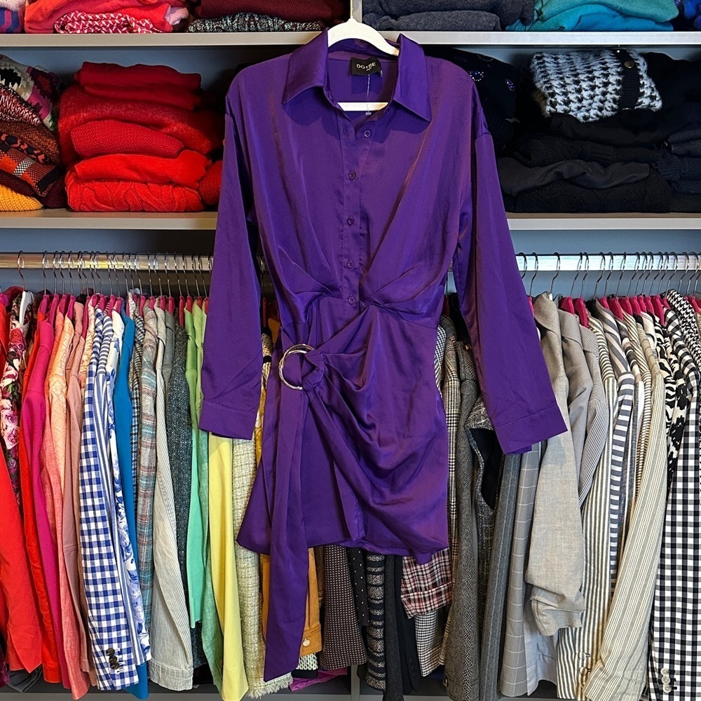 DO + BE purple long sleeve button down belted satin dress size S NWOT